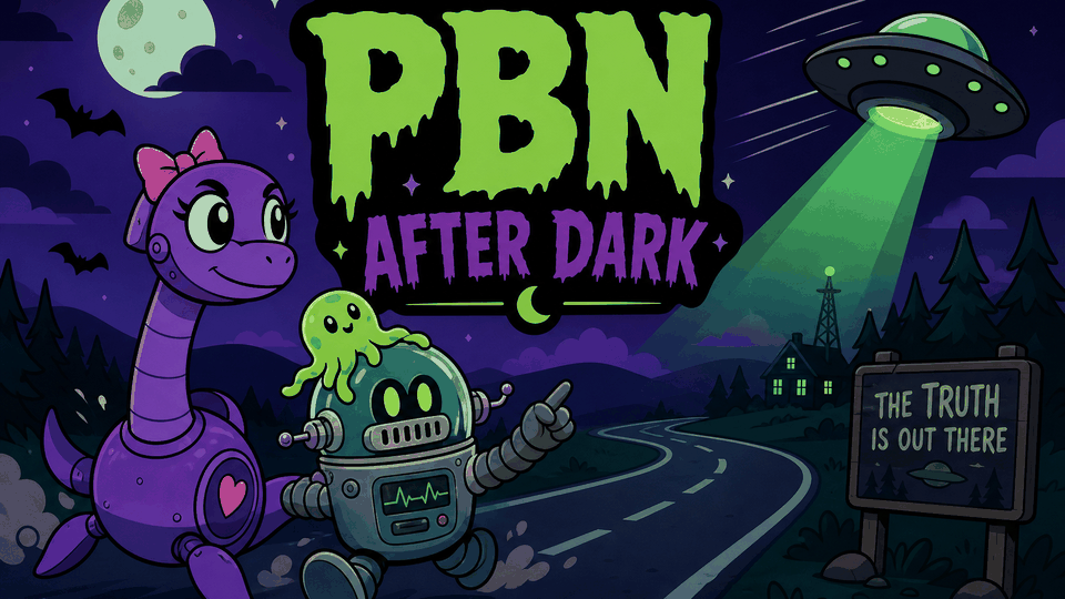 PBN After Dark title card with a purple sea serpent, a robot and a UFO