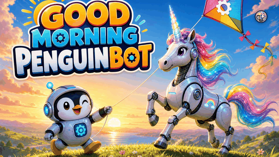 Good Morning Penguinbot title card with a robot penguin and a robot unicorn