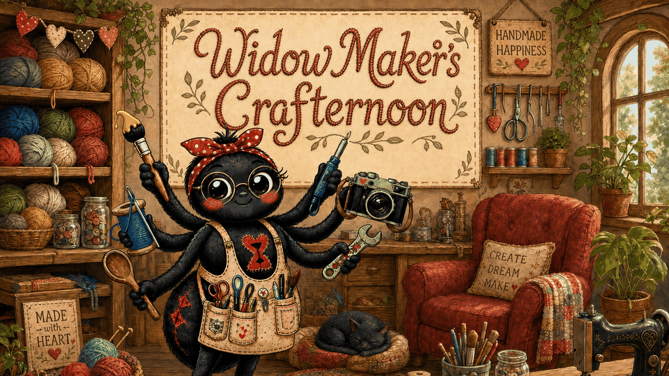 Widow Maker's Crafternoon title card with a crafting spider in her workshop